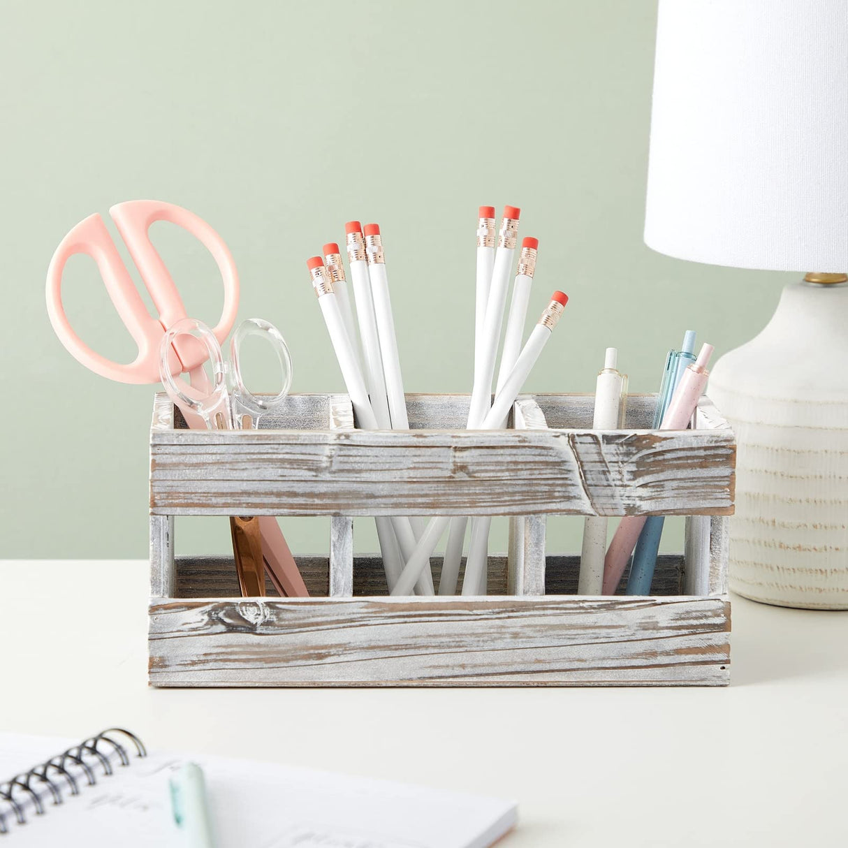 Juvale Rustic-Style Desk Pencil Holder with 3 Compartments - Farmhouse Decor and Wooden Organizer for Pen and Office Accessories Juvale