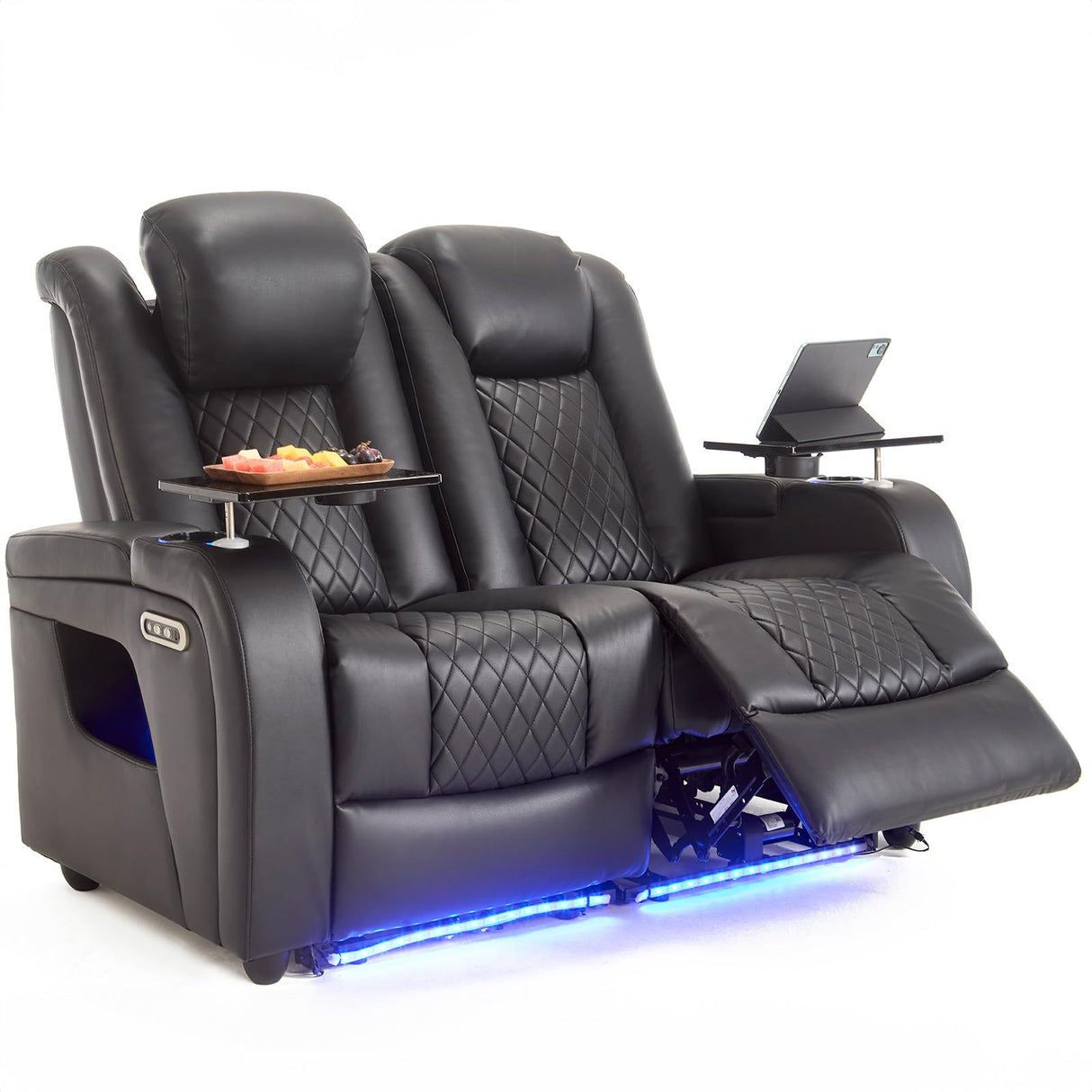 Home Theater Seating LoveSeat with Lighting Armrest, Game Movie Theater Chairs Theater Recliner Sofa with 7 Colors Ambient Lighting, Lumbar Pillow, Side Pocket, Tray Table, Power Recline, Black Airadlis