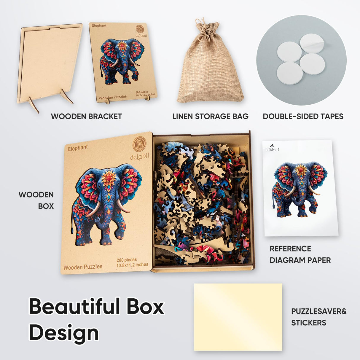 delobil Elephant Wooden Puzzles for Adults, Jigsaw Puzzles 500 Pieces, Unique Shape Puzzles with Wooden Box, 16.7" x 16.1" Royal Size Family Game Gift, Fun Challenging Puzzles for Adults and Kids delobil
