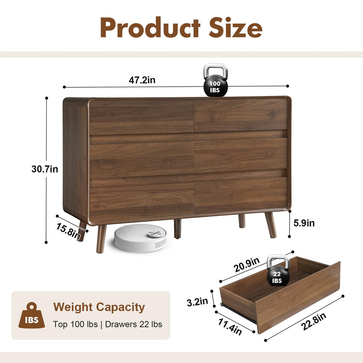 Nasonet 6 Drawer Dresser for Bedroom, Mid Century Modern Dressers & Chests of Drawers, Wood Storage Drawer Dressers for Hallway, Entryway, Walnut Nasonet