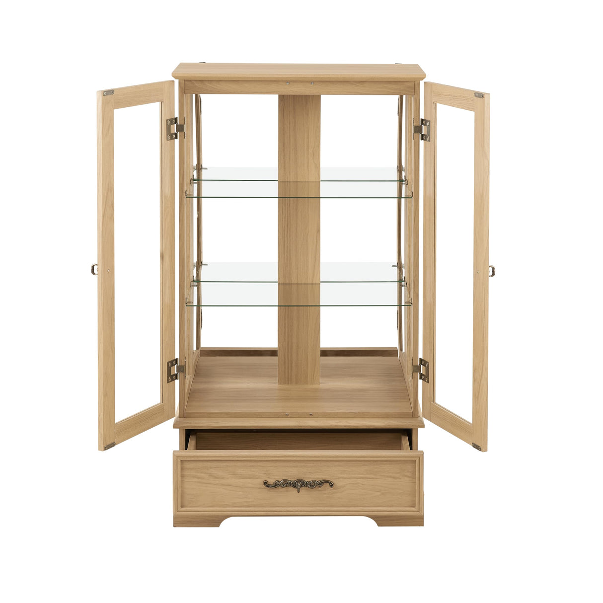 nifoti 47" H Lighted Curio Cabinet Display Case, Glass Cabinets with Adjustable Shelves,Tempered Glass Door and Drawer, Wooden Curio Cabinet with Mirrored Back Pane for Living Room (Light Oak) nifoti