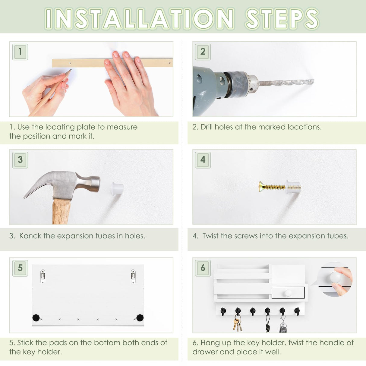 VIS'V Key Holder for Wall, Wooden Key Mail Holder with Drawer Wall Mount Key Organizer Mail Sorter with 6 Key Hooks Key Rack with Shelf for Entryway Doorway Hallway - White VIS'V