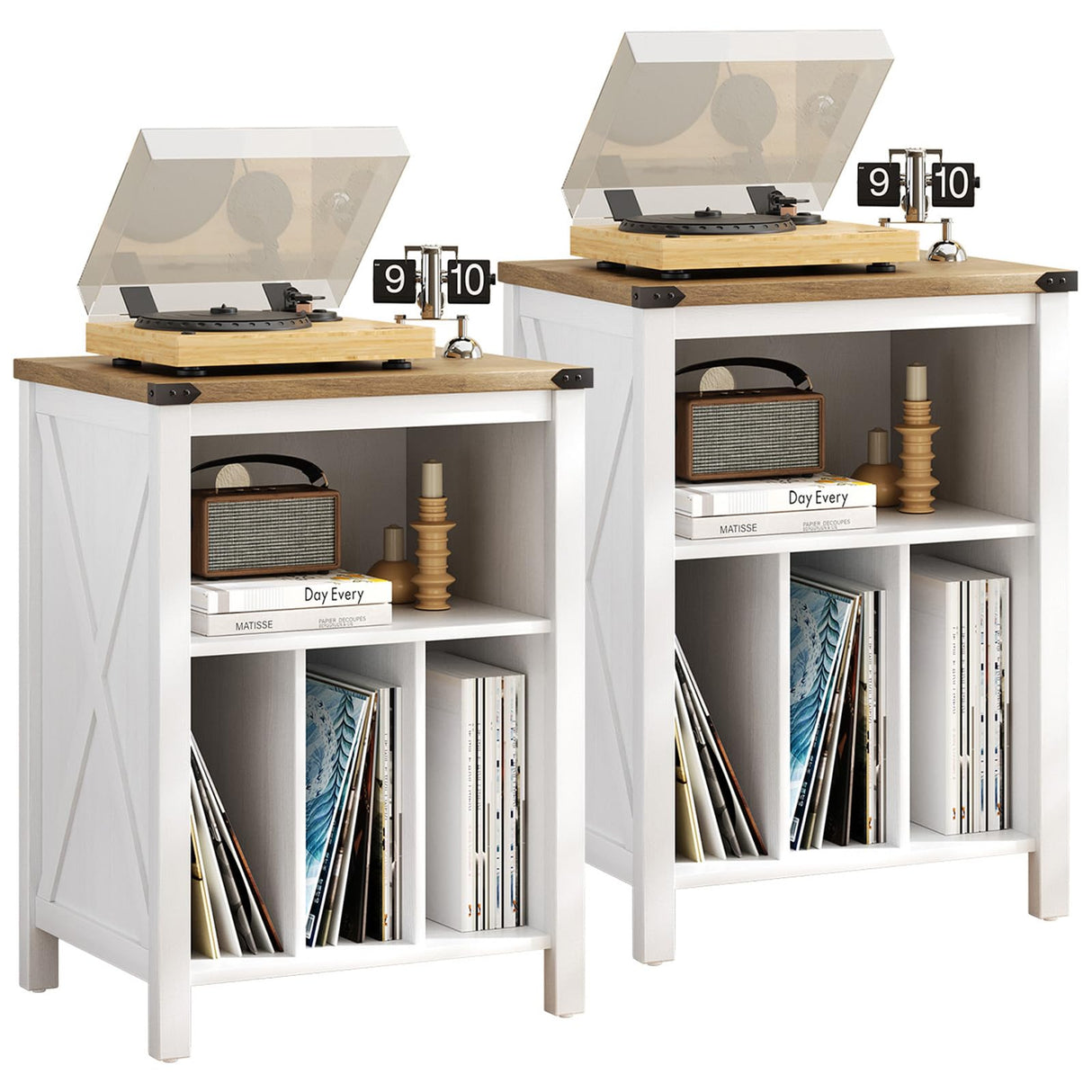 Record Player Stand with Vinyl Storage Cabinet, Record Player Table with 3 Divider Open Shelf Holder Up to 160 Albums Cube Storage, Record Shelf with Outlet Hole for Album CD & Living Room, White 4 EVER WINNER