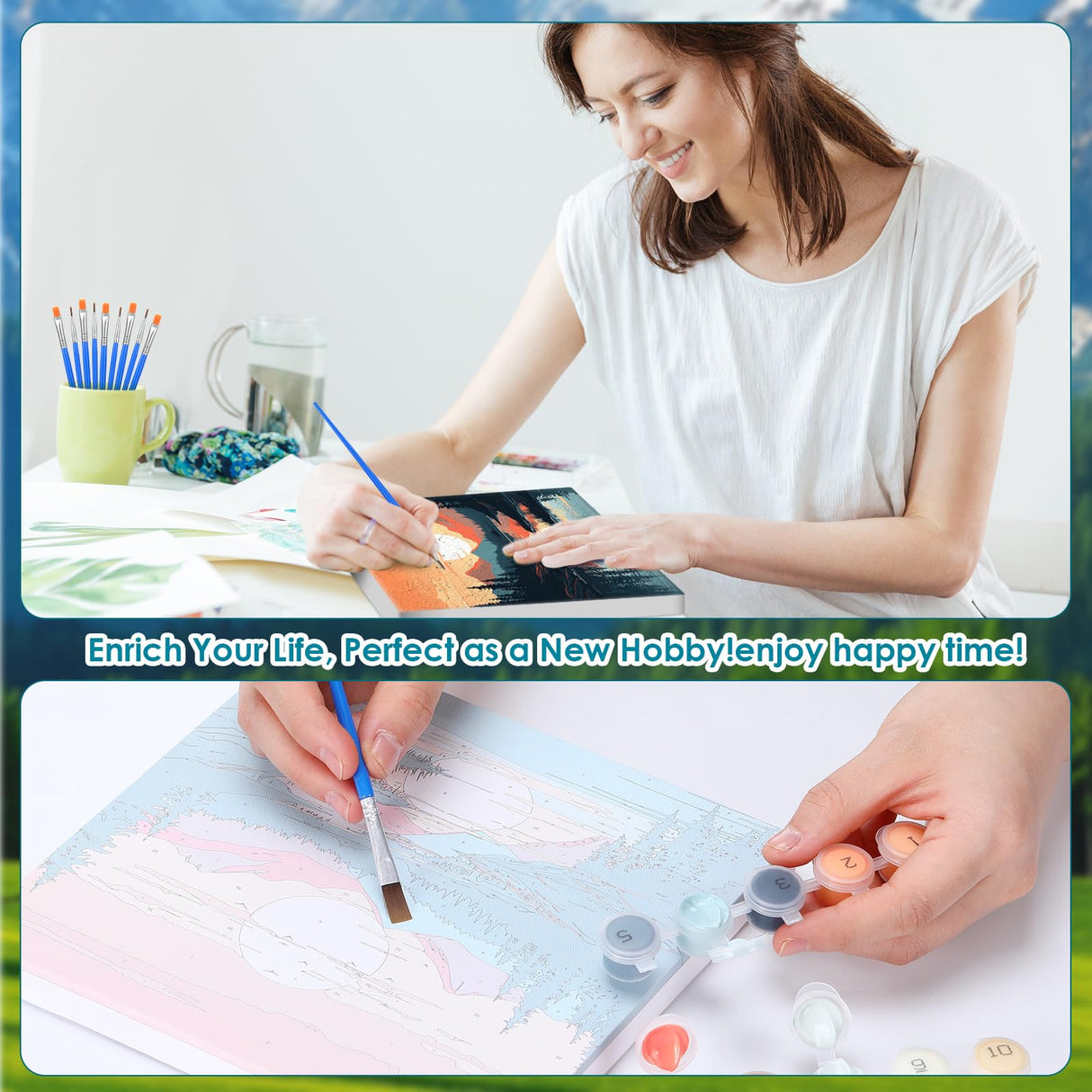 RoundFunny 8 Set Paint by Numbers Kit for Adults with 8x8 Inch Mini Simple Painting Canvas Wooden Frame Easel Acrylic Paints Brushes Funny Numbers Drawing Kit for Gift Home Wall Decor(Landscapes) RoundFunny