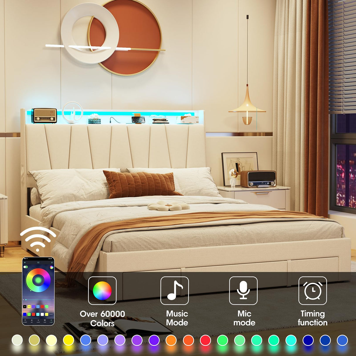 Fameill Queen Size Bed Frame with Storage Headboard and 3 Drawers,Upholstered Platform Bed with Charging Station,Queen Bed Frame with LED Lights,No Box Spring,Beige Fameill