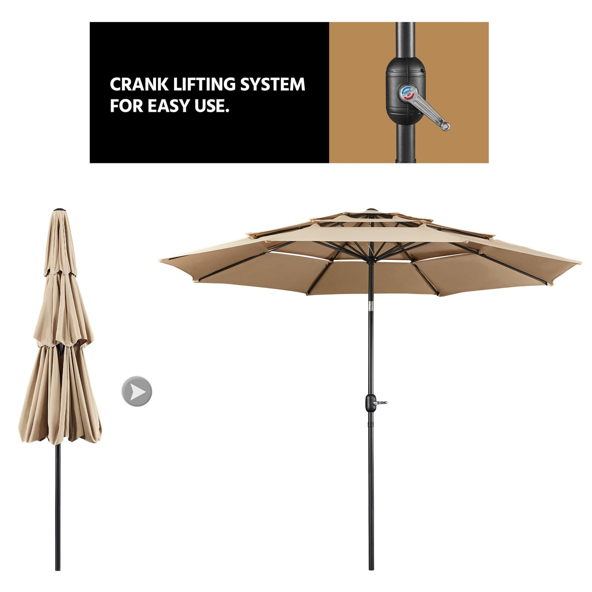 Yaheetech 3-Tier Patio Umbrella 10ft Vented Outdoor Canopy Sun Shade Large Market Table Umbrella Double-layer Cloth & Push-button Tilting for Yard/Garden/Park Tan Yaheetech