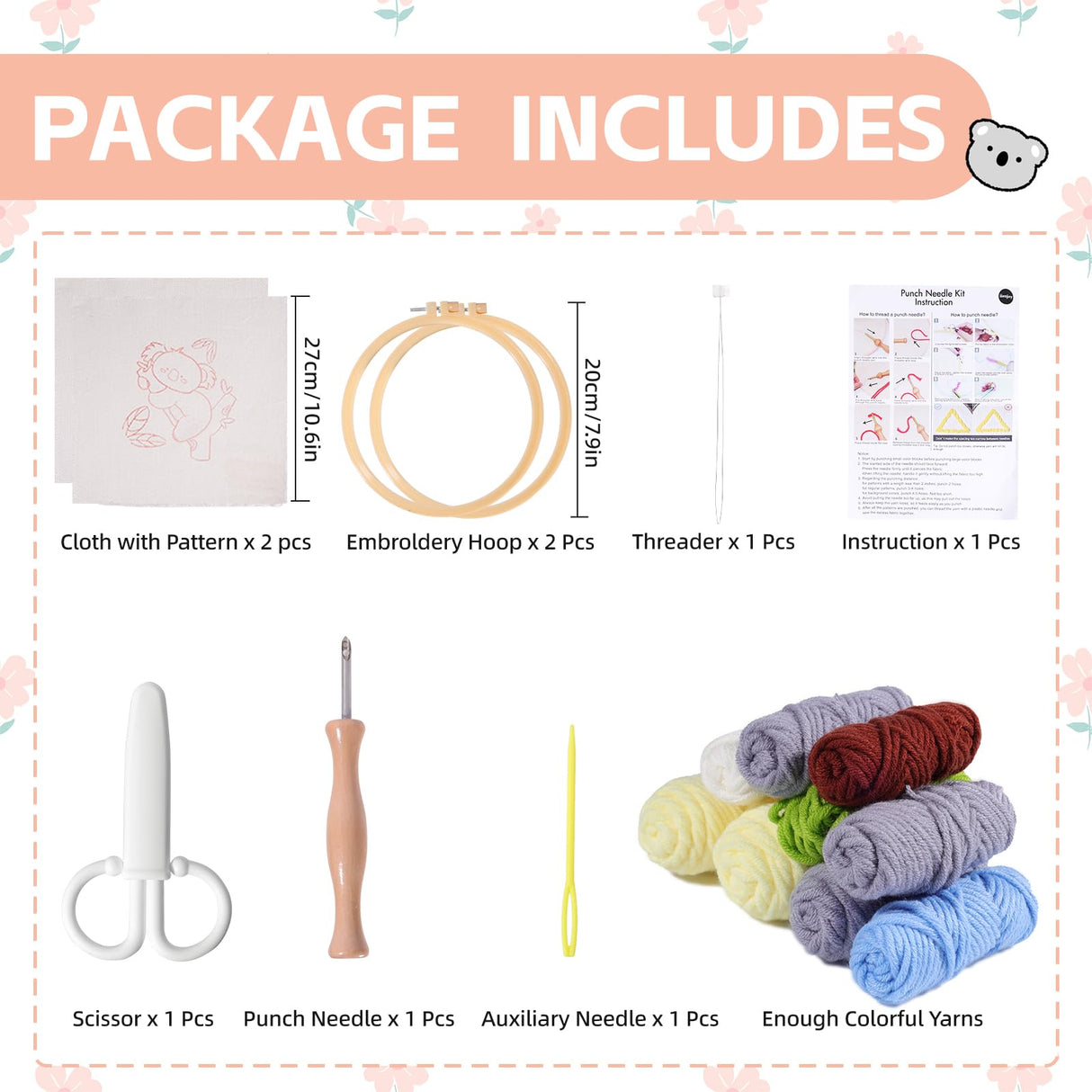 iienjoy 2 Pcs Koala Punch Needle Kit - Easy Punch Needle Embroidery Kits for Beginners Adults, Cute Animals Art Work Decor Punch Stitching kit with Tools, Yarns, Hoop, Instruction iienjoy