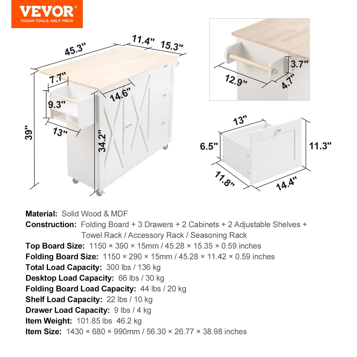 VEVOR Kitchen Island Cart with Solid Wood Top, 45.3" Width Mobile Carts with Storage Cabinet, Rolling Kitchen Table with Spice Rack, Towel Rack, Drop Leaf and Drawer, Portable Islands on Wheels, White VEVOR
