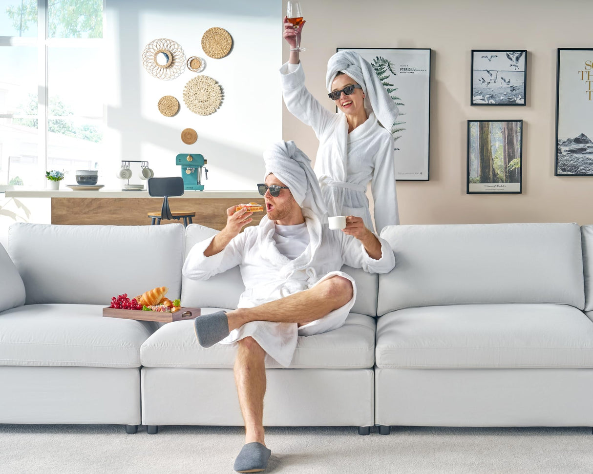 AMERLIFE 114 Inches Modular Sectional Couch, Feather Down Filled Sectional Couch, 4 Seats L Shaped Sofa with Chaise, Ottoman, Cloud Sofa for Living Room Apartment, White Linen AMERLIFE