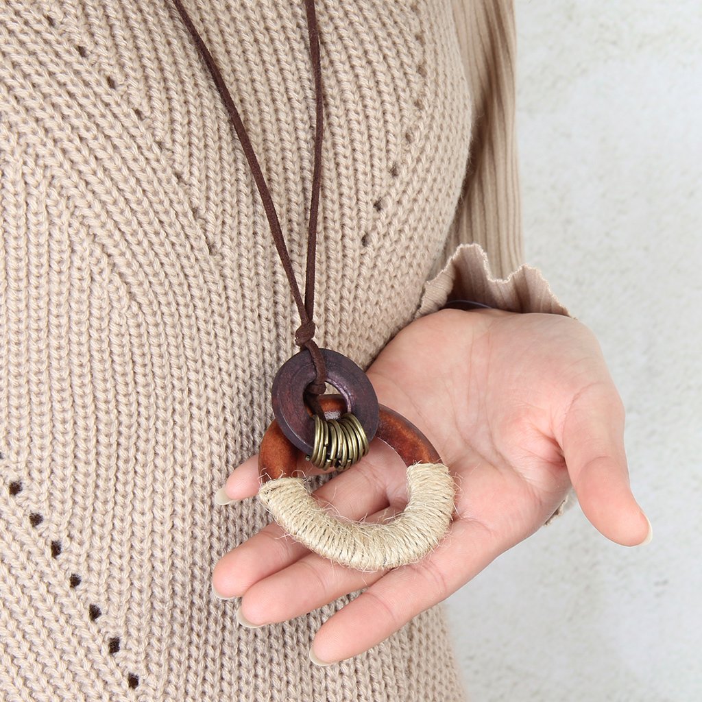 GelConnie Womens Pendant Necklace Wood Handmade Jewelry Leather Necklace Long Rope Sweater Necklace for Woman GelConnie