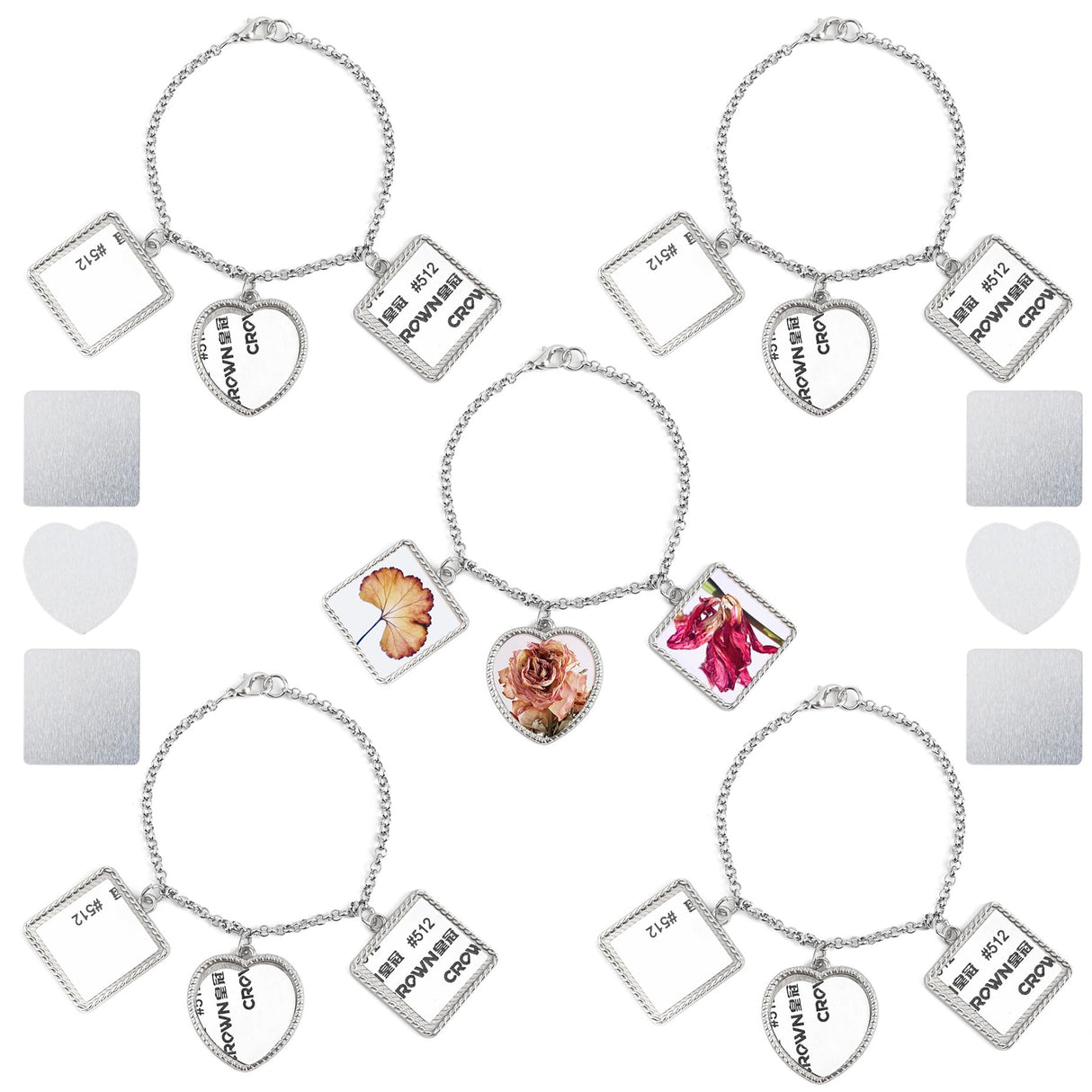 Framendino, 5 Set Sublimation Bracelets Blanks Heat Transfer Bracelet Adjustable Heart Square Photo Bezel Tray Craft Setting for Women Framendino