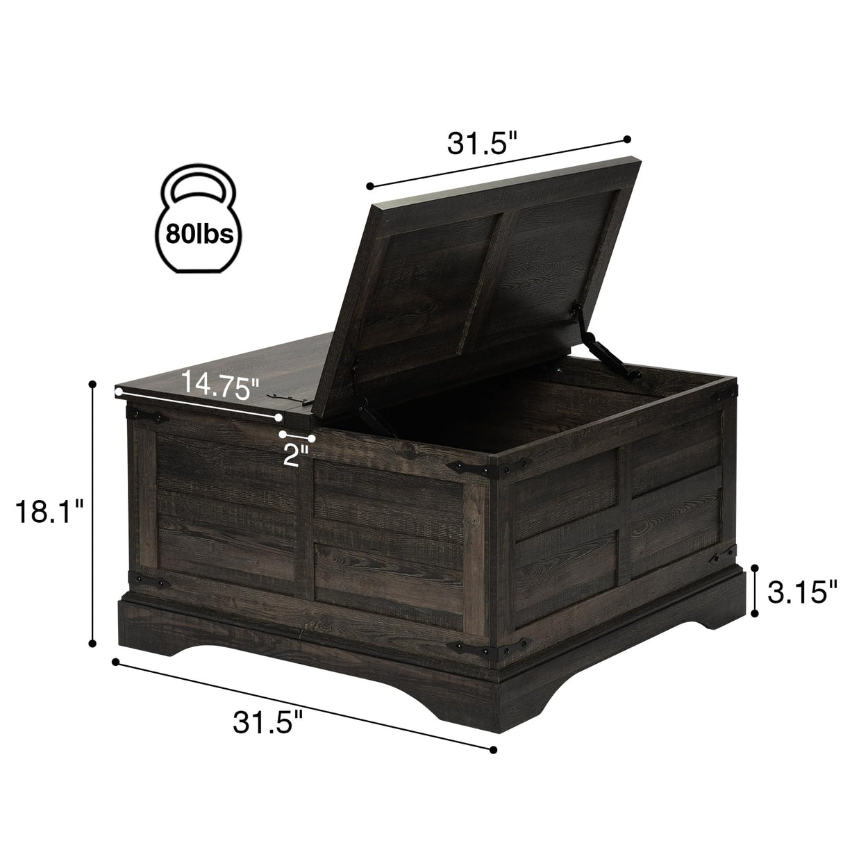 Wnutrees Farmhouse Coffee Table with Hinged Lift Top and Large Hidden Storage Compartment, Rustic Square Wood Central Table for Living Room, Bedroom, Home Office,Dark Wnutrees