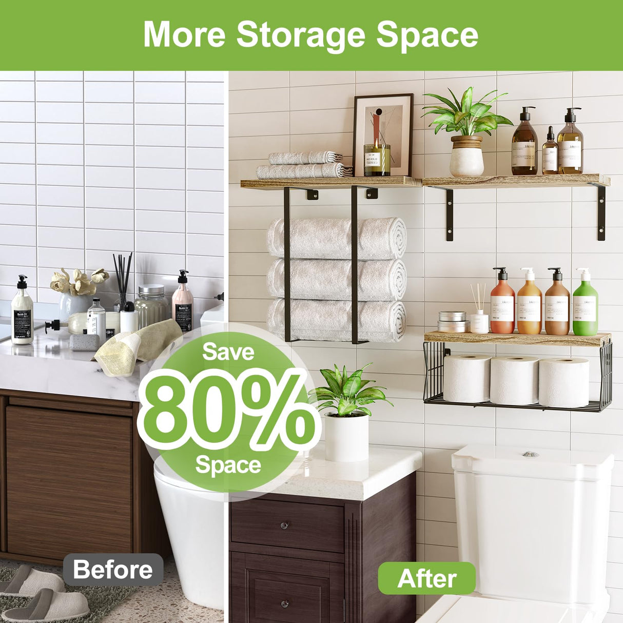 HAMITOR Floating Shelves Wall Mounted Over Toilet: Bathroom Shelf with Towel Rack Paper Holder Storage - Rustic Wood Farmhouse Shelves for Wall Decor/Bathroom HAMITOR