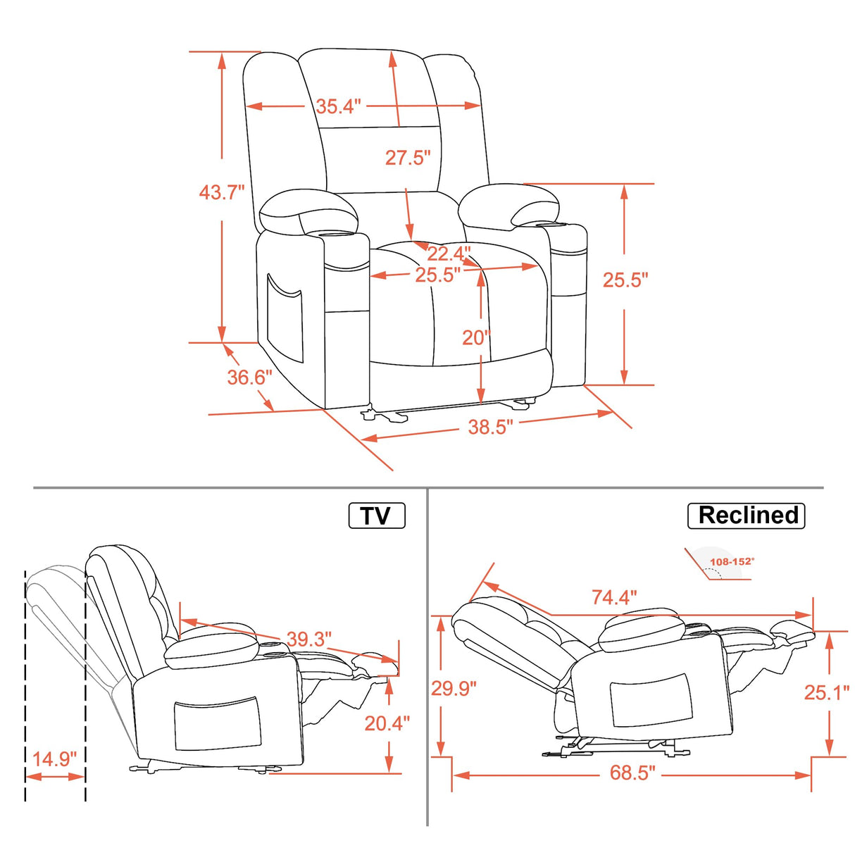 MCombo Large Power Recliner Chair with Heat and Vibration, USB Ports, Cup Holders, Electric Reclining for Living Room PR670 (Dark Brown Large 25.5" Seat Width) MCombo