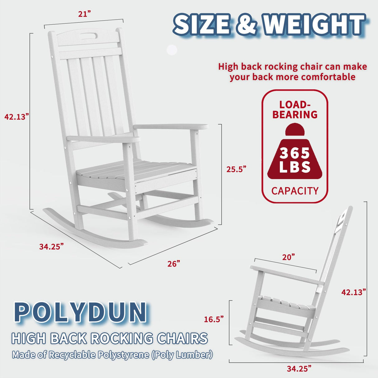 POLYDUN Outdoor Rocking Chair, Looks Like Wood, High Back Poly Lumber Patio Rocker Chair, 365Lbs Support, All-Weather Porch Rocking Chair for Lawn, Backyard, Indoor, Garden, White POLYDUN