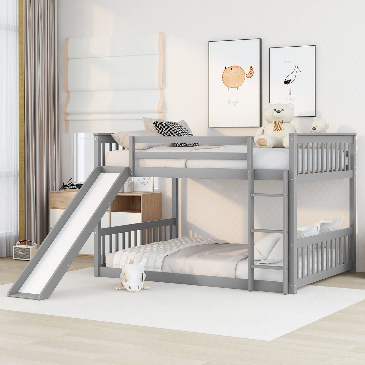 PVWIIK Full Over Full Bunk Bed with Slide & Ladder for Kids Bedroom,Wood Bed Frame with Safety Rails & Headboard and Footboard,No Box Spring Needed,Grey PVWIIK