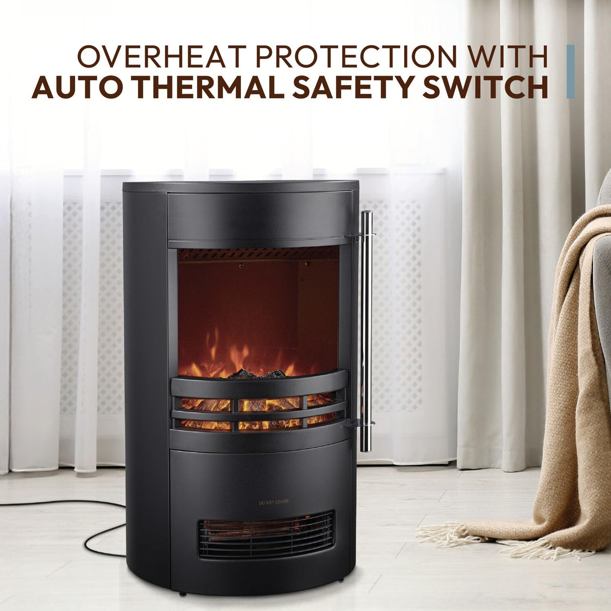 Cambridge Round Freestanding Electric Fireplace with Remote Control, Realistic Flame Indoor Space Heater with Rounded Viewing Window for Living Room, Bedroom, Basement CAMBRIDGE