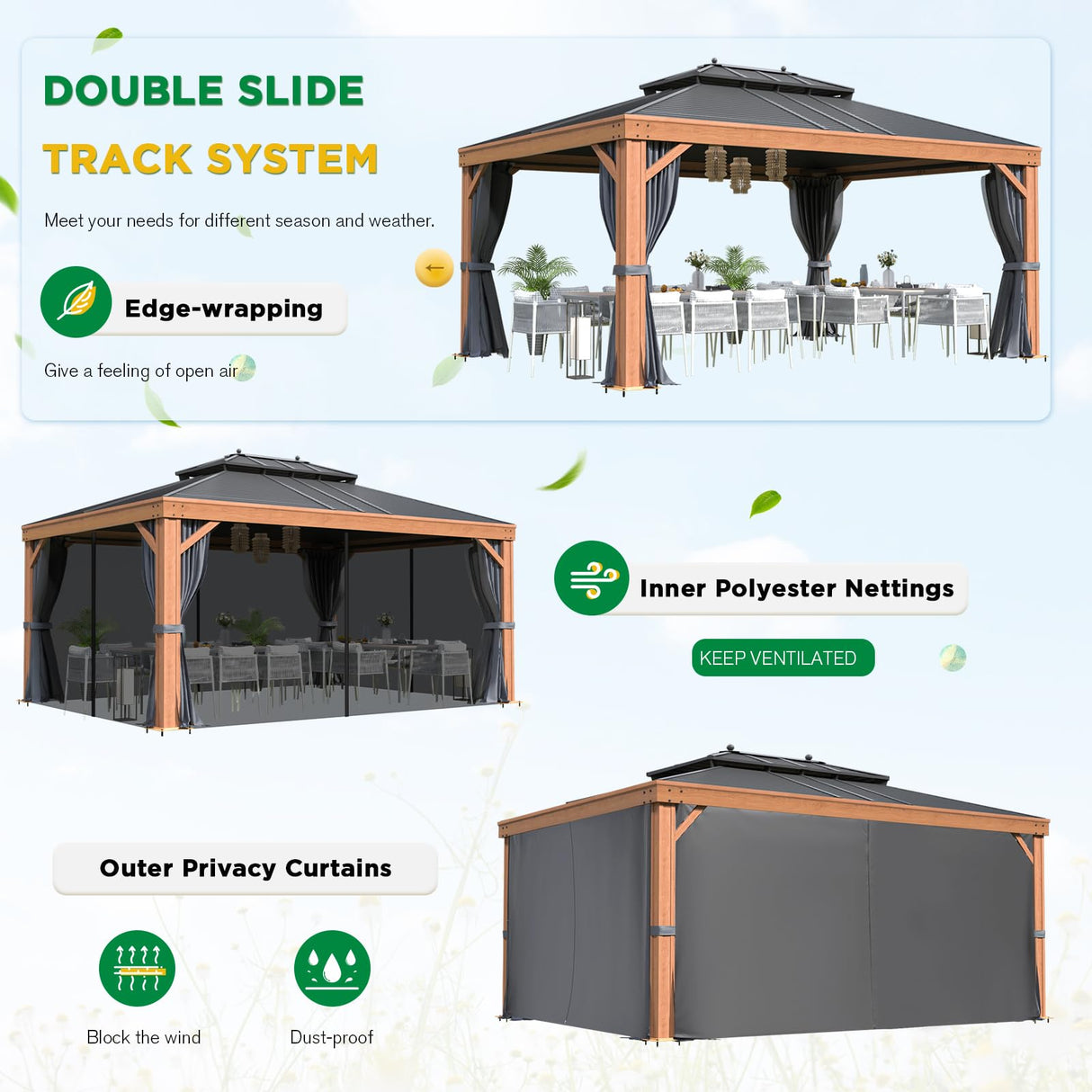 EROMMY 12' x 16' Hardtop Gazebo Outdoor Aluminum Wood Grain Gazebos with Galvanized Steel Roof and Mosquito Net for Patios, Deck, Backyard, Curtains&Netting EROMMY