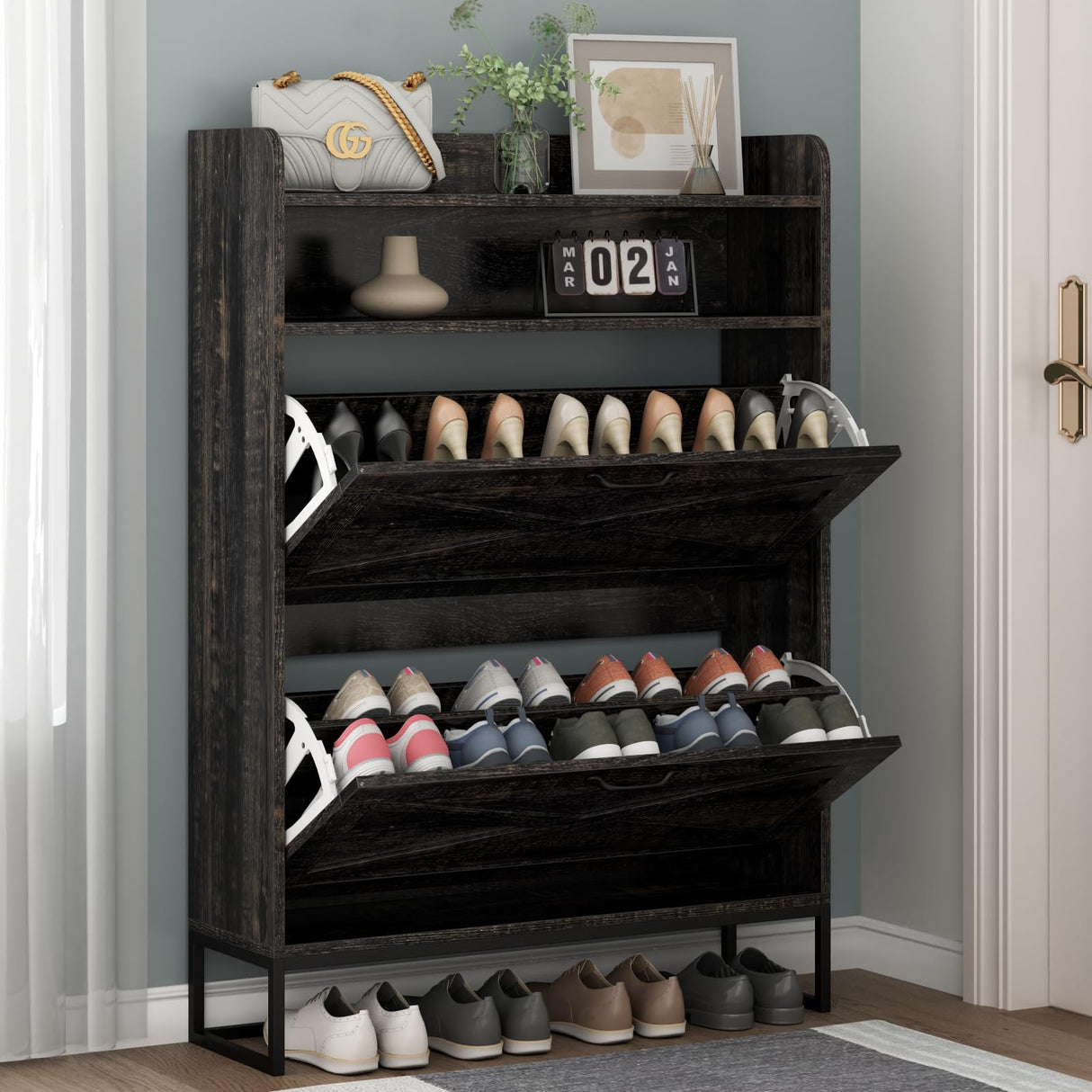 Auromie Shoe Cabinet, Freestanding Tipping Bucket Shoe Storage Cabinet with 2 Flip Drawers, Entryway Shoe Rack with Storage Top Cubby, Narrow Slim Hidden Shoe Organizer with Doors (Black Oak) Auromie