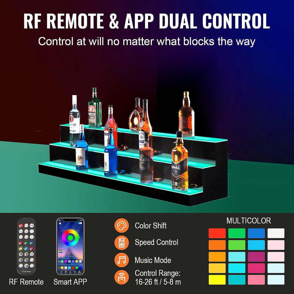MESAILUP 60 Inch Detachable LED Lighted Liquor Bottle Display 3 Step Illuminated Bottle Shelf 3 Tier Home Bar Drinks Commercial Lighting Shelves with Remote Control (3 Tier, 60 inch) MESAILUP