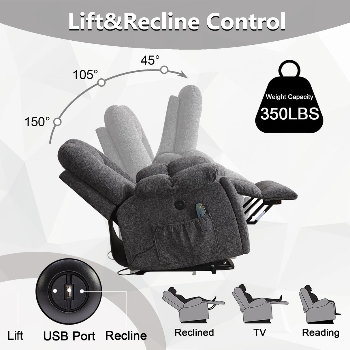 CANMOV Power Lift Recliner Chair with Massage and Heat for Elderly, Overstuffed Wide Recliners, Heavy Duty and Safety Motion Reclining Mechanism with USB Ports, 2 Concealed Cup Holders, Smoke Gray CANMOV