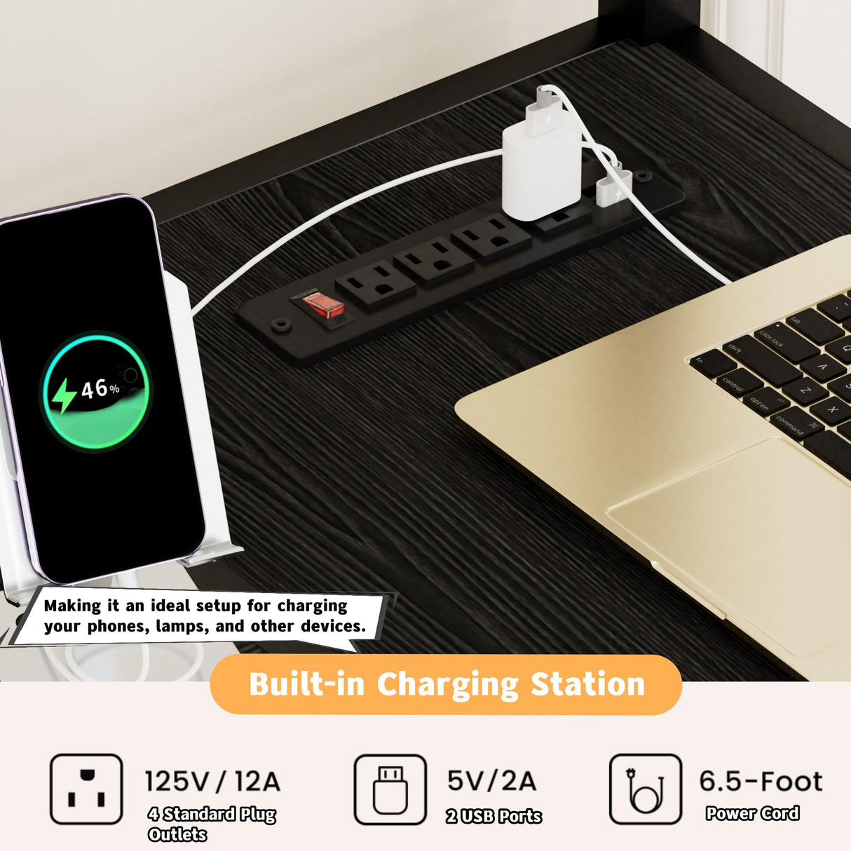 Linique Full Size Gaming Loft Bed with L-Shaped Desk, LED and Charging Station, Metal Loft Bed with Wardrobe and 2 Fabric Drawers for Kids, Teens, Adults, Black Linique