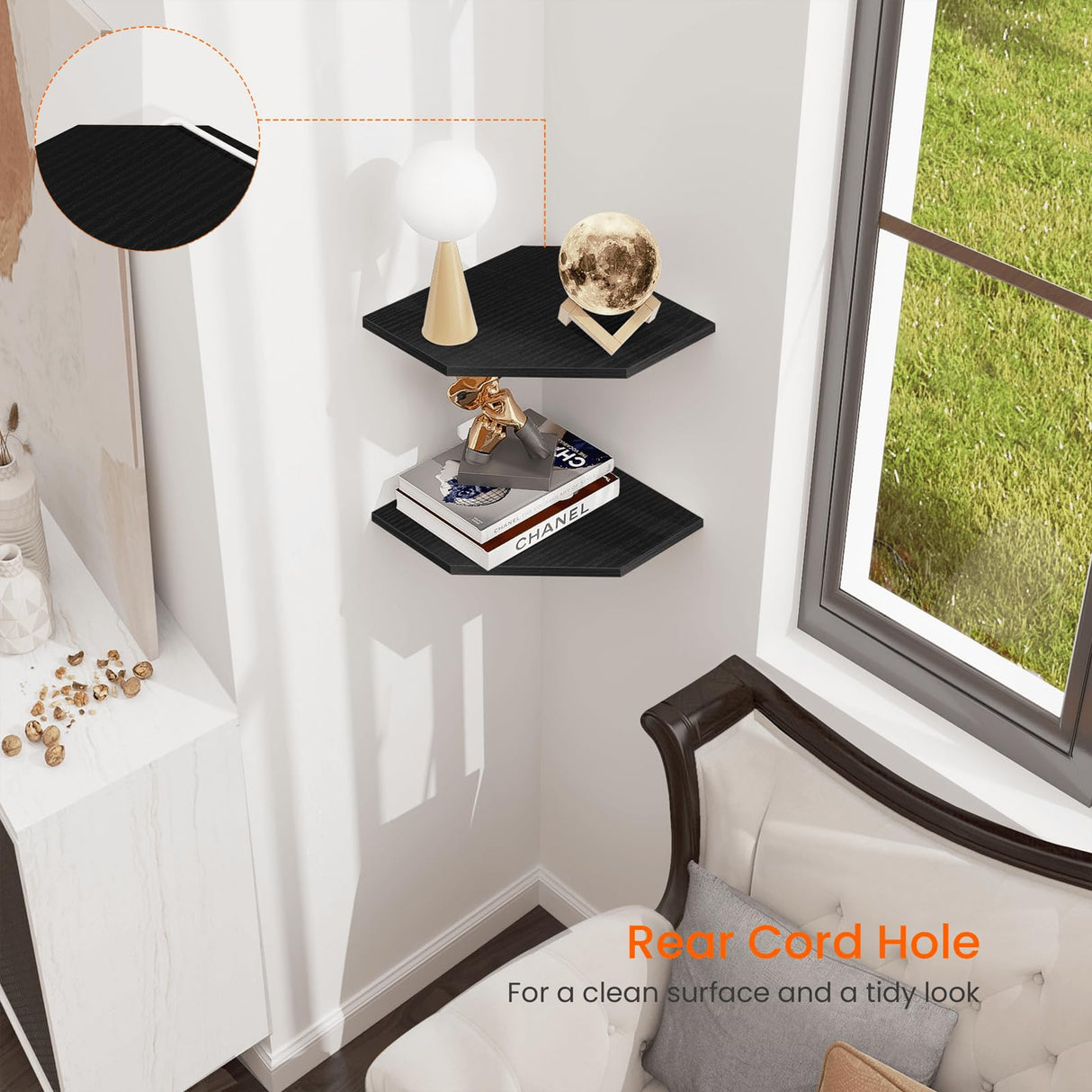 Homode Corner Shelf Wall Mount, Set of 2 Corner Floating Shelves with Wire Hole for TV, Cable Box, Wood Hanging Storage Shelf Organizer for Bathroom Kitchen Living Room Bedroom, Black Homode