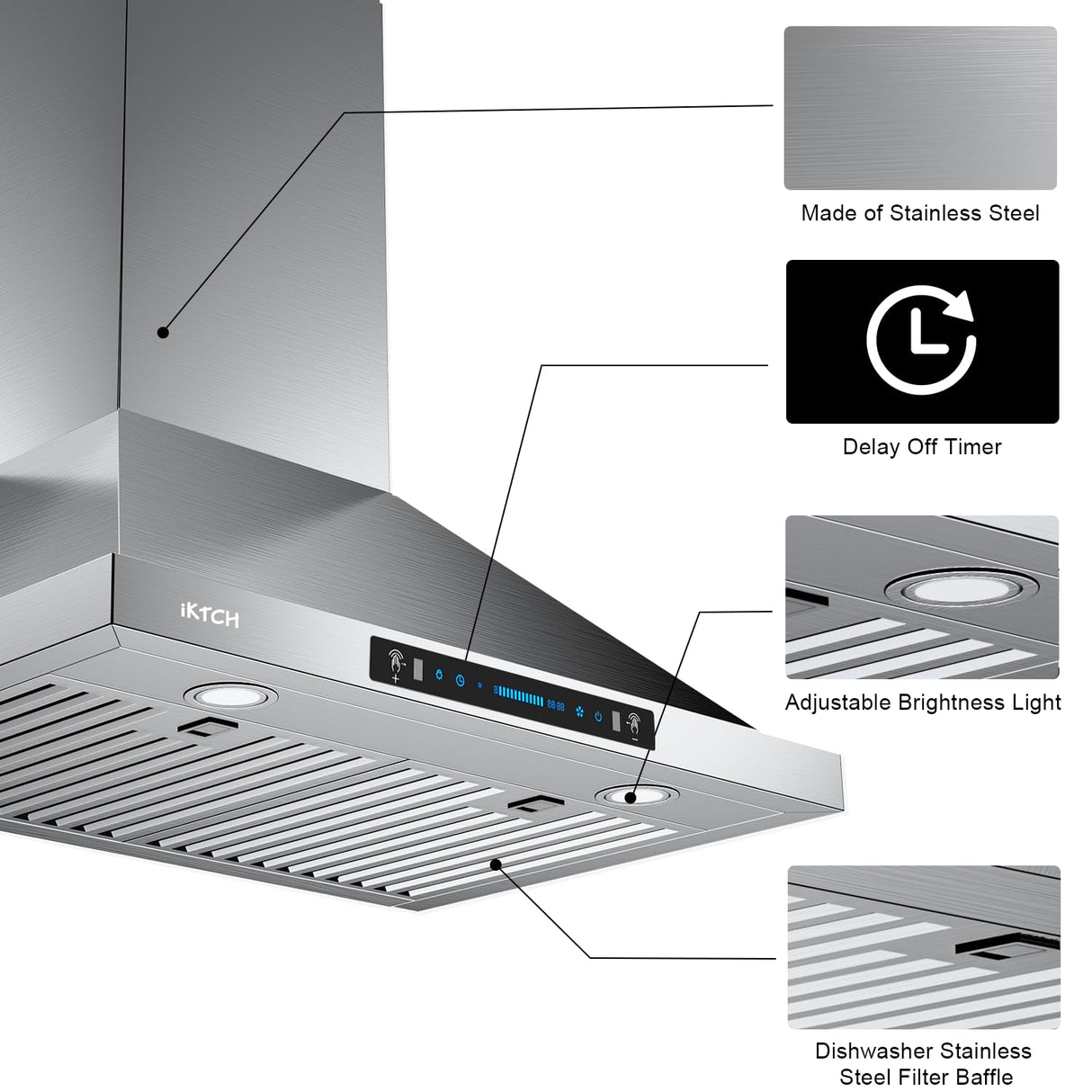 IKTCH 30-inch Wall Mount Range Hood 900 CFM Ducted/Ductless Convertible, Kitchen Chimney Vent Stainless Steel with Gesture Sensing & Touch Control Switch Panel, 2 Pcs Adjustable Lights(IKP02-30'') IKTCH