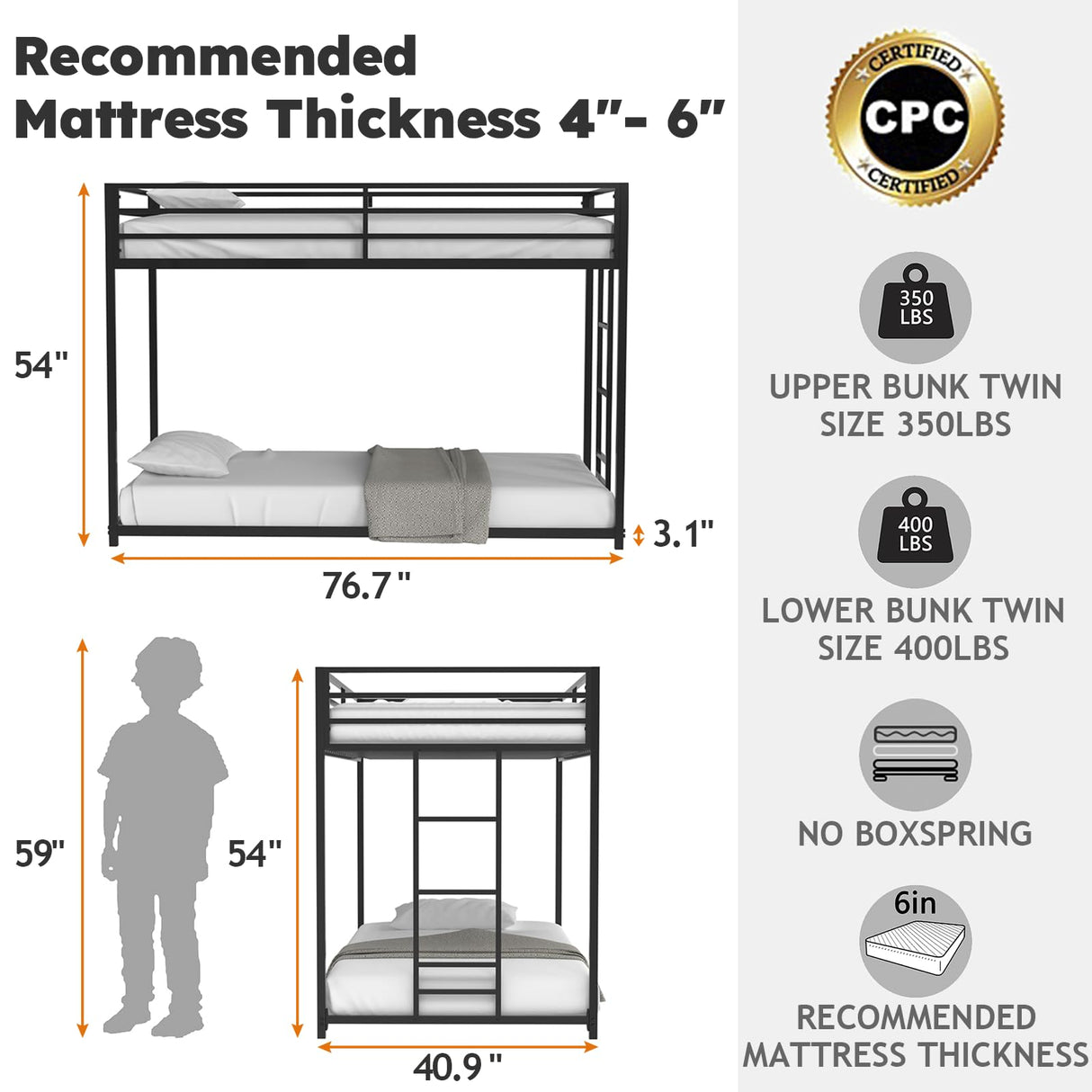 Zevemomo Twin Over Twin Bunk Bed, Metal Low Profile Bunkbeds with Full-Length Guardrail and Ladder, Space Saving, No Boxing Spring Needed, Black Zevemomo
