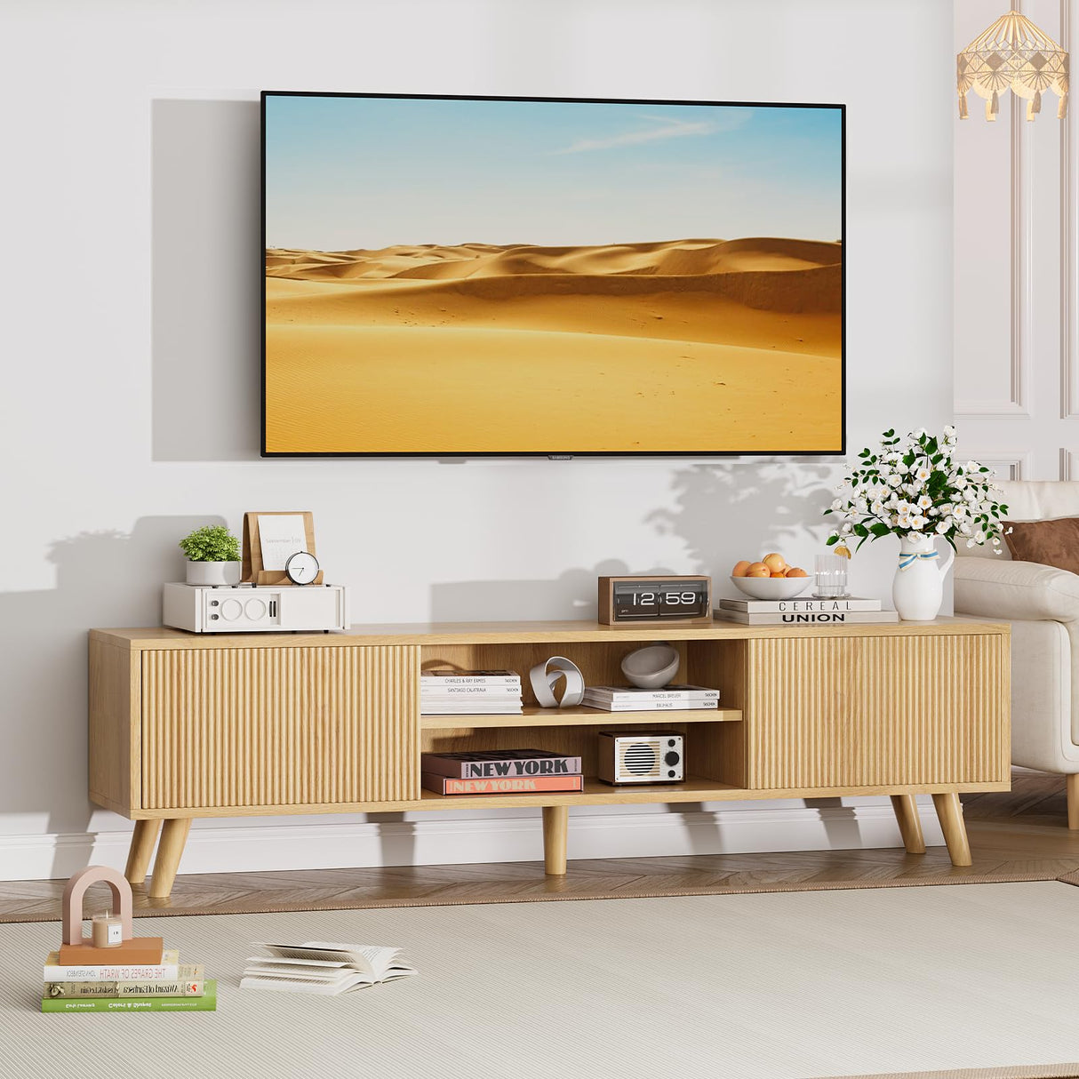 Buenhomino TV Stand for TVs Up to 75 Inches, Boho Entertainment Center Wood TV Stand with Fluted Sliding Doors & Shelves, TV Console Table Media Cabinet with Storage for Living Room Bedroom, Natural Buenhomino