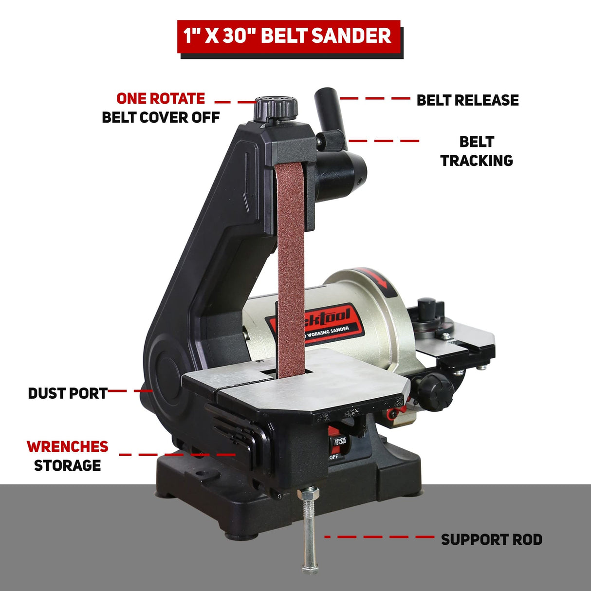 Bucktool 1x30 Inch Bench Belt Sander with 5 Inch Disc with Wrench Storage and Easy Belt Cover Off, 1/3HP Direct Drive Benchtop Belt Disc Sander Bucktool