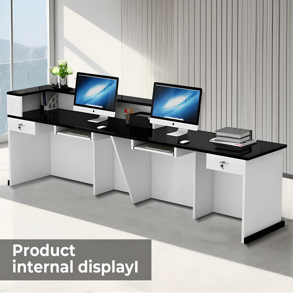 Nuipesn Reception Desk, Counter Desk with Lockable Drawer, Office Computer Table (Pure White+Black/Left, 86.61" L*23.62" W*39.37" H) Nuipesn
