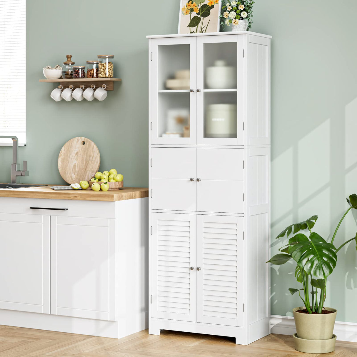 HOSTACK 67” Tall White Kitchen Pantry and Multi-Purpose Storage Cabinet with Glass Doors and Shelves HOSTACK