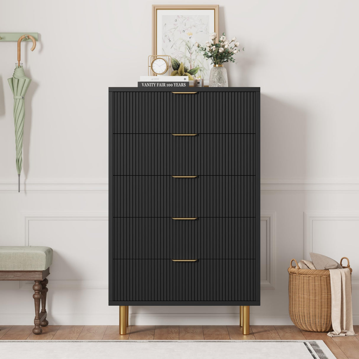 Garveehome Black Dresser, Modern 5 Drawer Dresser for Bedroom with Gold Handle and Large Drawer, Wood Double Chest of Drawers and Storage Organizer for Living Room, Hallway, Entryway Garveehome