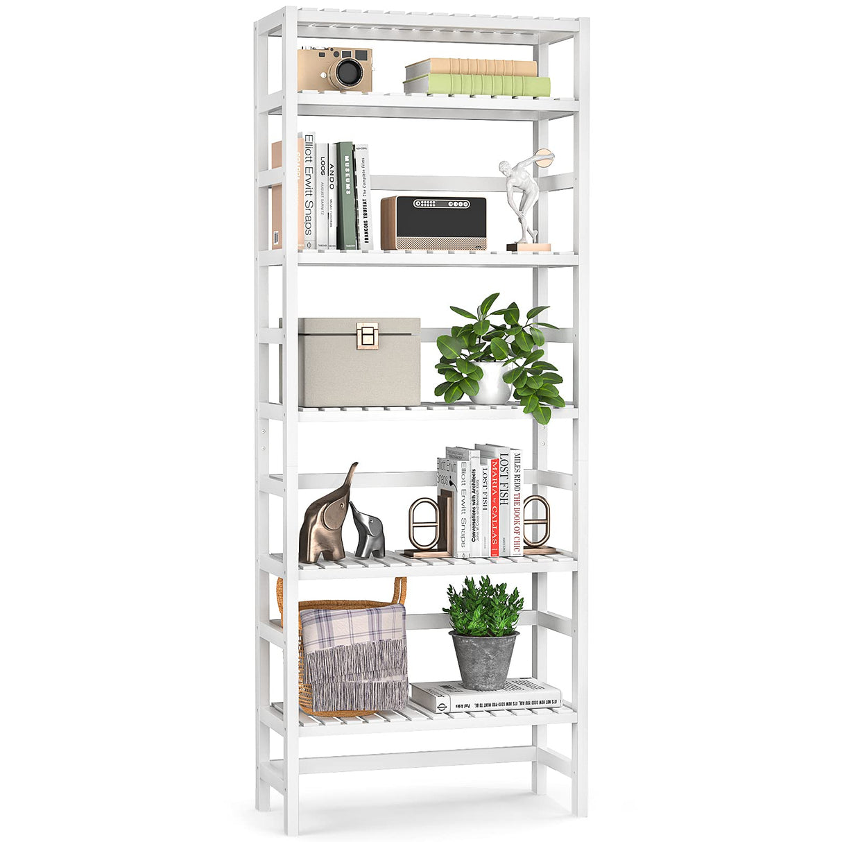 Homykic 6-Tier Adjustable Bamboo Bookcase - 63.4” Tall White Free Standing Storage Shelf Homykic