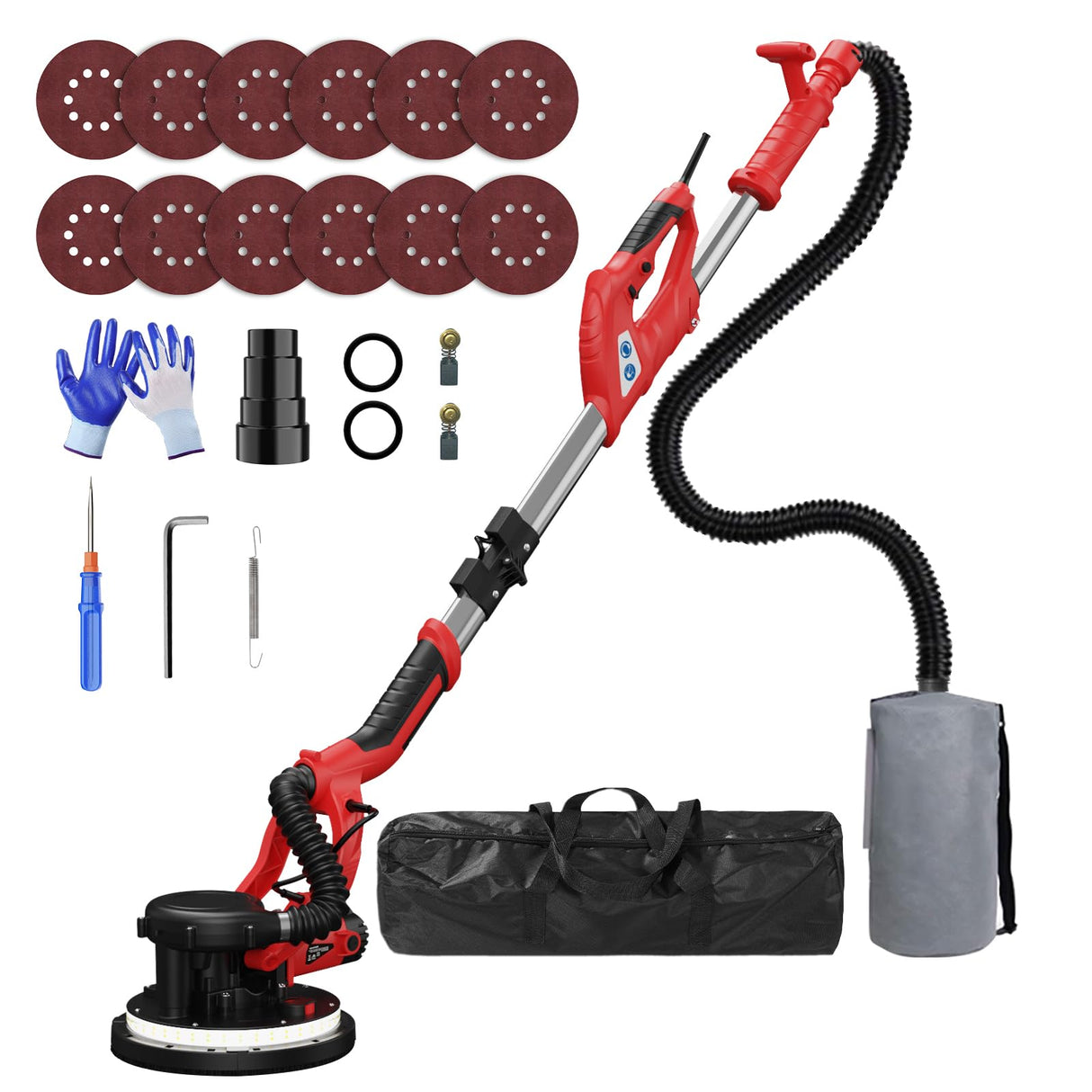 IMQUALI Drywall Sander with Vacuum Dust Collector(02/11/2025 Upgraded) 8-Amp Popcorn Ceiling Removal Tool with 7 Variable Speed 800-1800RPM, Extendable Handle, LED Light, 12pcs Sanding Discs, Red IMQUALI
