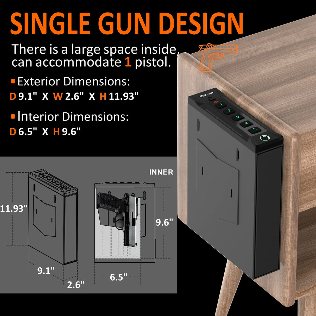 Z ZLJUAN Mounted Gun Safe for Pistols,Quick-Access Auto-Open Sliding Door Handgun Safe for Nightstand Wall Mount Bedside Desk Bed Gun Safes, Pistol Safe w/Biometric Fingerprint,Keypad Lock,Key Z ZLJUAN