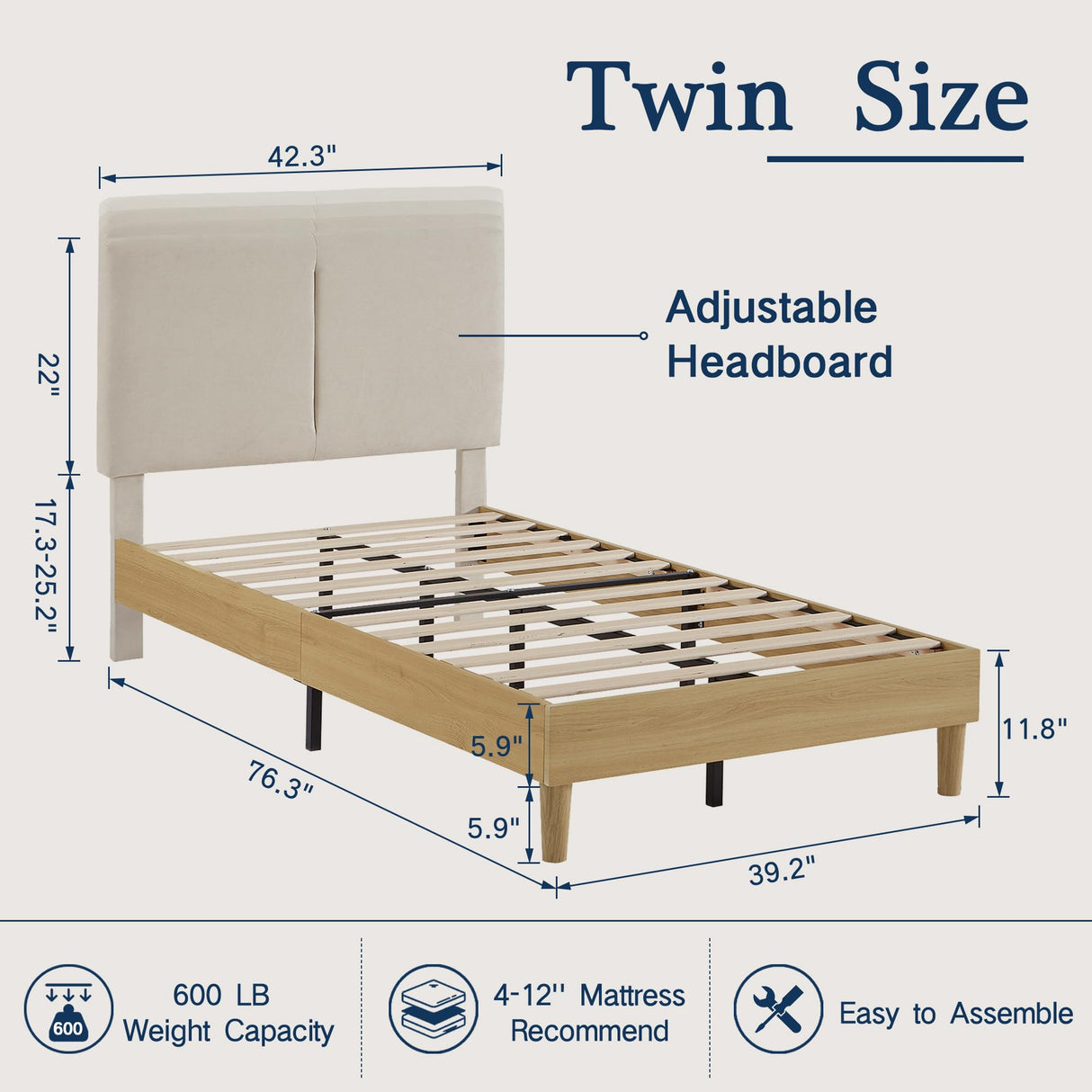 VECELO Twin Frame Upholstered Platform Height-Adjustable Cotton and Linen Headboard, Heavy Duty Wood Slats, 6" Under-Bed Space Noise-Free, No Box Spring Needed,Easy Assembly, Beige VECELO