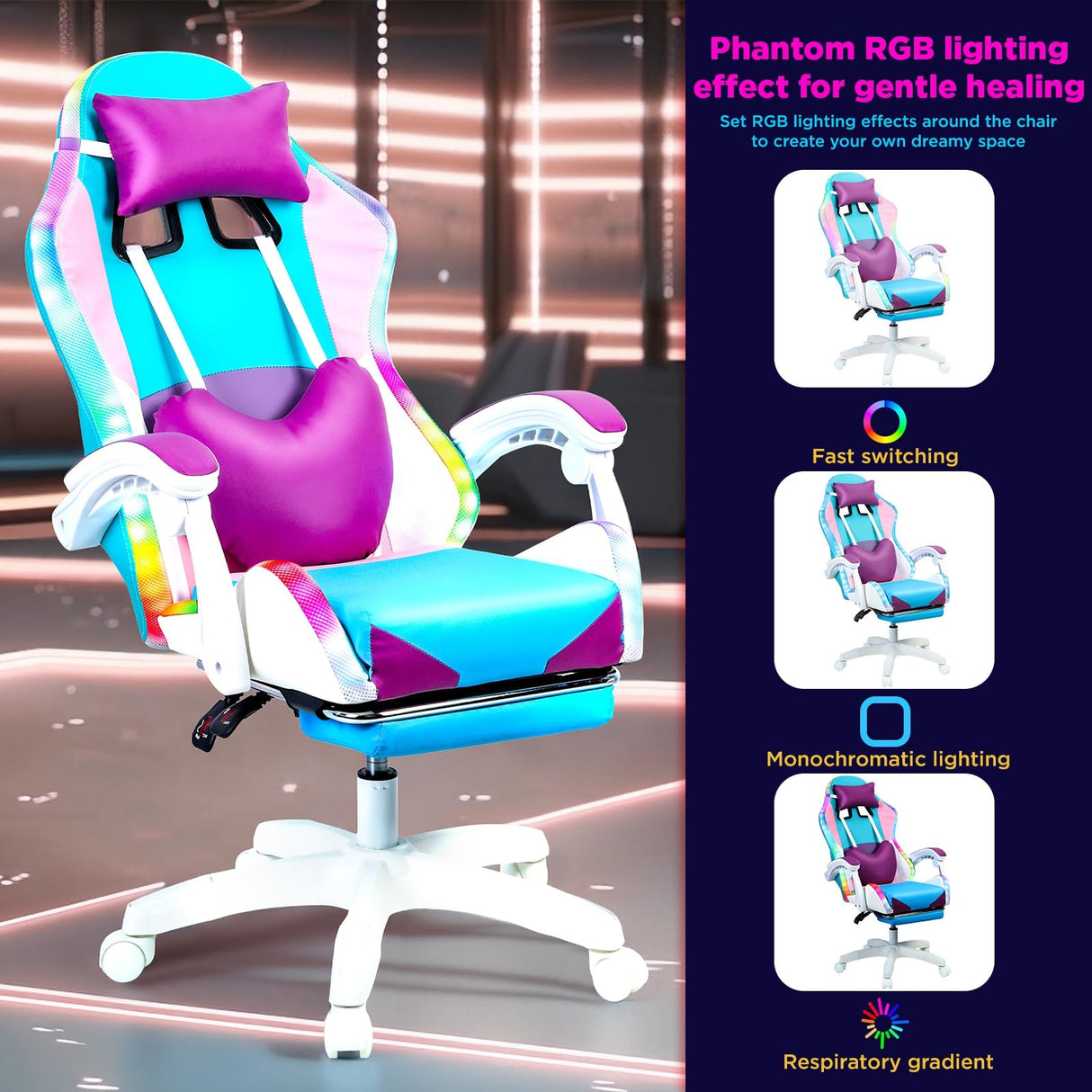 BESUFY Gaming Chair with LED Lights, Girl Video Chair, Ergonomic Computer Chair with Massage and Footrest, Heart Backrest, Height Adjustable Swivel Reclining Video Game Chairs for Adults Purple BESUFY