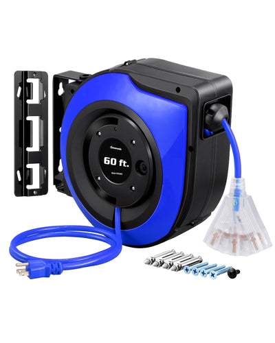 DEWENWILS Retractable Cord Reel, 60FT Heavy Duty Extension Cord, 12AWG/3C SJTOW, 3 Grounded Outlets Lighted Triple Tap, 15A Circuit Breaker, Wall/Ceiling Mounted for Garage, Workshop, UL Listed, Blue