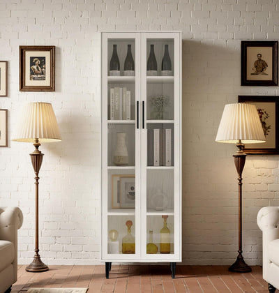 TUSY 70.9“ H Display Cabinet with Glass Doors, 5-Tier Curio Cabinet, Narrow Display Bookcase for Home, Office, Clinic, Pantry (White)