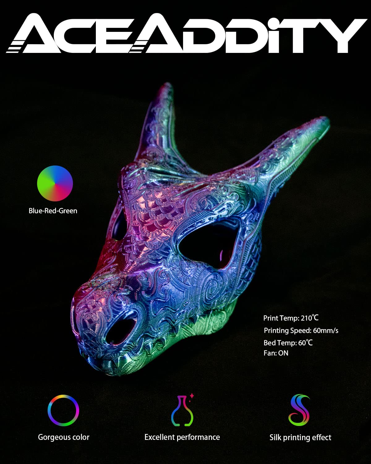 Aceaddity Silk Magic PLA 3D Printer Filament, Multi-Colour Tri-Extrusion 1.75mm 3D Printing PLA Filament, Shiny Silk Coextruded PLA, Dimensional Accuracy +/- 0.02 mm, 1kg/2.2lbs (Blue-Red-Green) Aceaddity