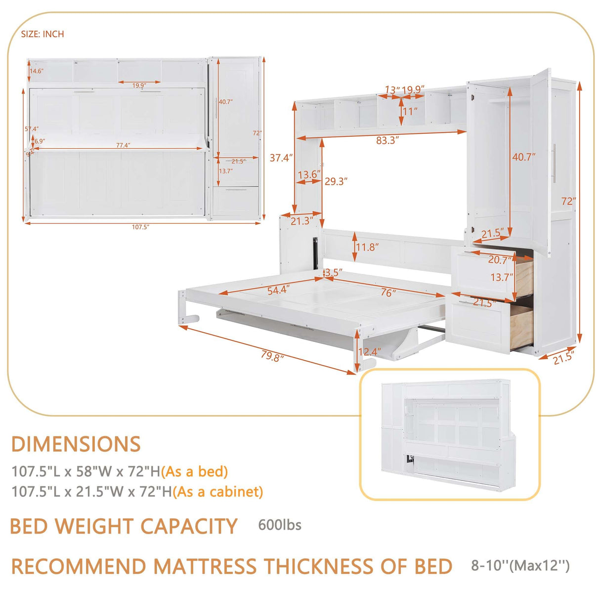 Linique Full Size Murphy Cabinet Storage Wall Bed with Closet and Drawers and Built-in Top Shelf,Hide a Bed on a Wardrobe Space Saving Design,White Linique