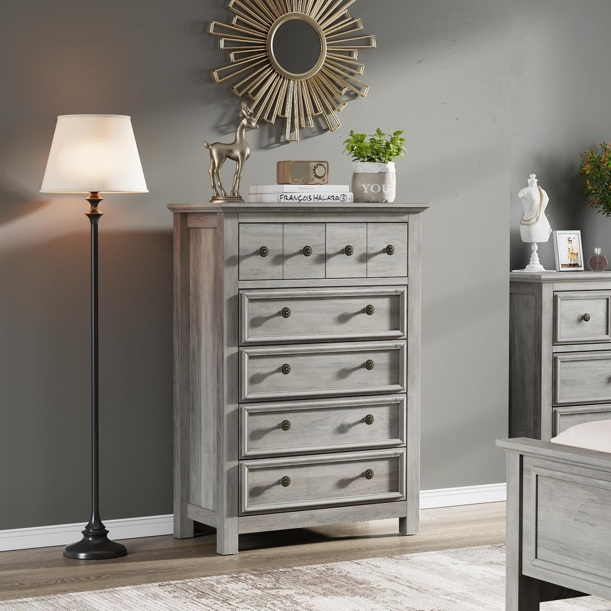 LGHM Farmhouse 6 Drawers Dresser Chest, 45" Tall Dressers for Bedroom, Dressers & Chests of Drawers - Easy Pulls Metal Handles, Thick Support Legs for Bedroom,Livingroom, Closet, Gray LGHM