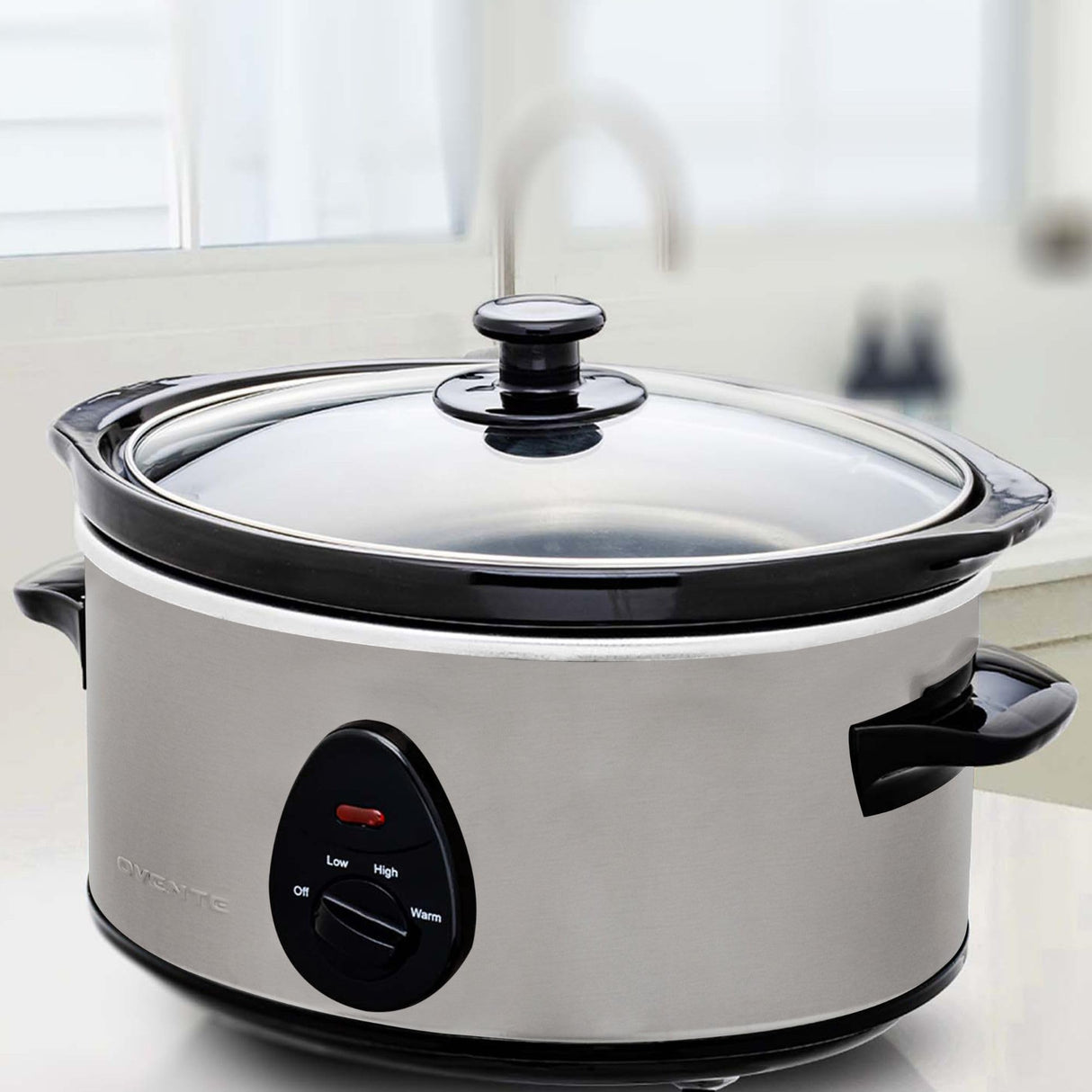 OVENTE Electric Slow Cooker with 3 Cooking Settings, Dishwasher-Safe Stoneware, Tempered Glass Lid and 3.7 Quart Oval Ceramic Pot Perfect for Entrees, Soups, Sauces, Stews and Dips, Silver SLO35ABR OVENTE