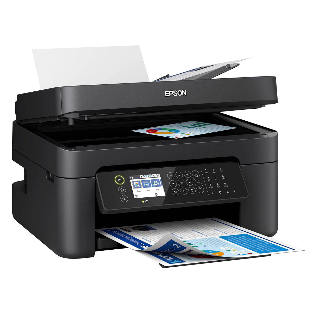 Epson Workforce WF-2850 All-in-One Wireless Color Inkjet Printer, Black - Print Scan Copy Fax - 10 ppm, 5760 x 1440 dpi, Auto 2-Sided Printing, 30-Sheet ADF, Voice-Activated, Vertluna Printer_Cable Epson