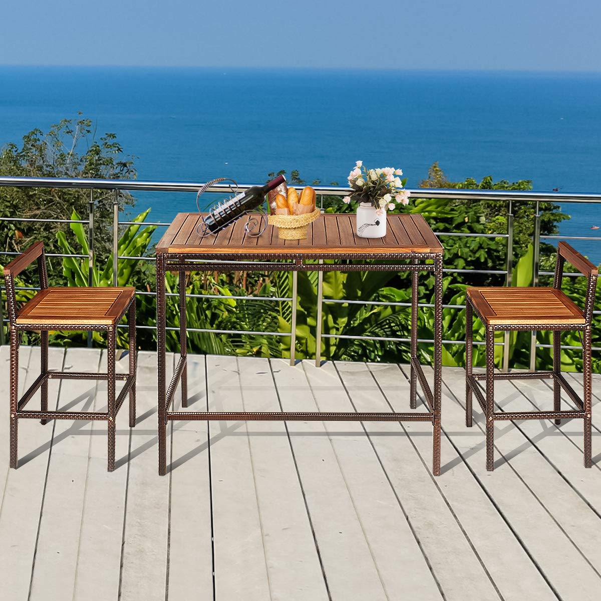 Tangkula 3 Pieces Patio Bar Table Set, Outdoor Rattan Bistro Set with Acacia Wood Top, Wood Table Set with 2 Bar Chairs for Dining Room, Backyard, Patio and Balcony Tangkula