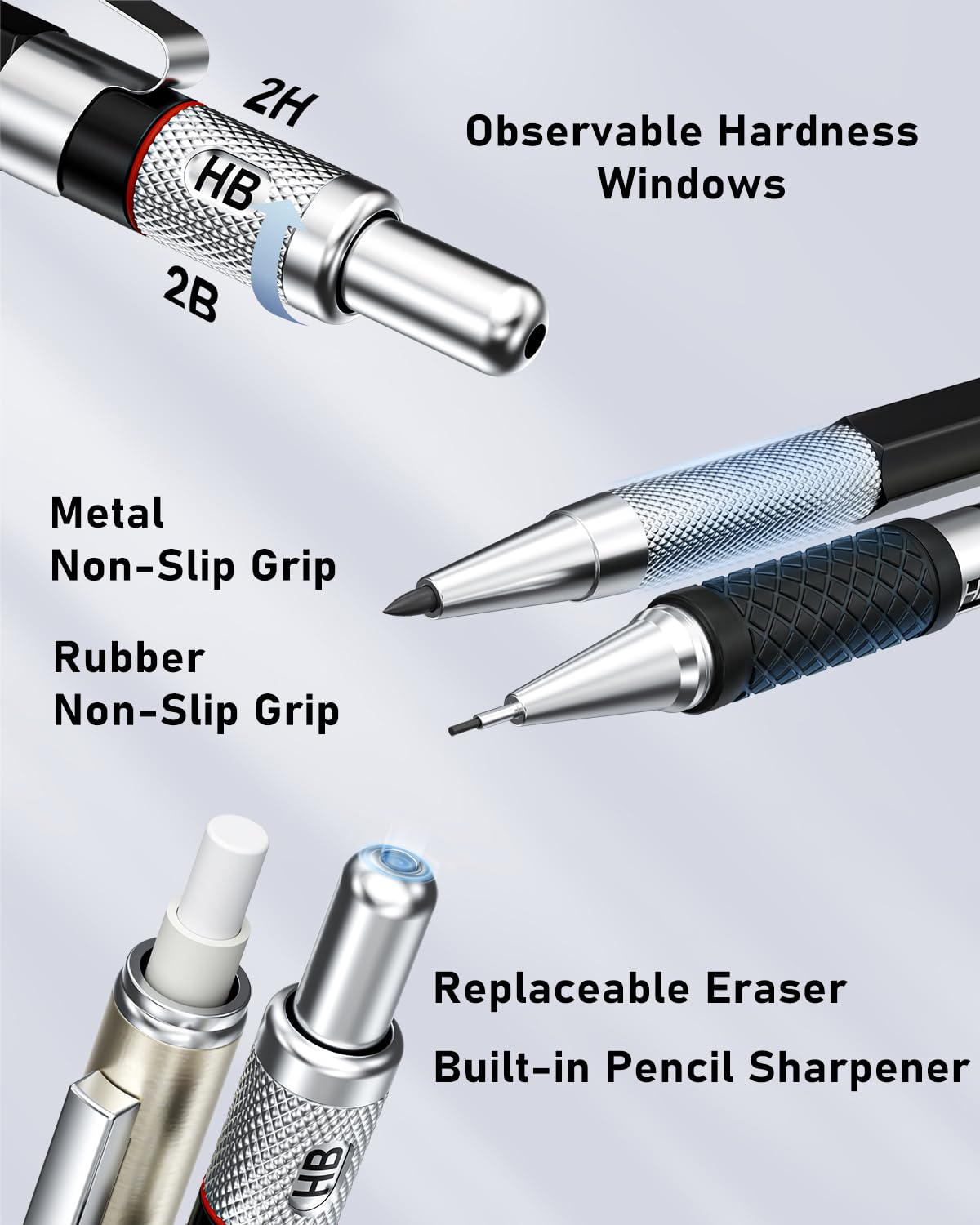 FourCandies 25PCS Art Mechanical Pencil Set with Case, 3PCS Metal Artist Lead Pencil 0.5, 0.7, 0.9 mm & 3PCS 2mm Lead Holder(HB 2H 2B 4B Color) with 432PCS Graphite Lead Refills for Drawing Sketching Four Candies