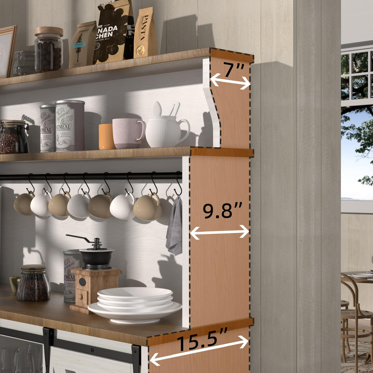 BestHaped 55'' Farmhouse Coffee Bar Cabinet with 3 Tier Storage Hutch, Coffee Bar Station with Sliding Barn Door, Hutch Storage Cabinet with 12 Wine Racks & 9 Hooks for Kitchen Dining Living Room BestHaped