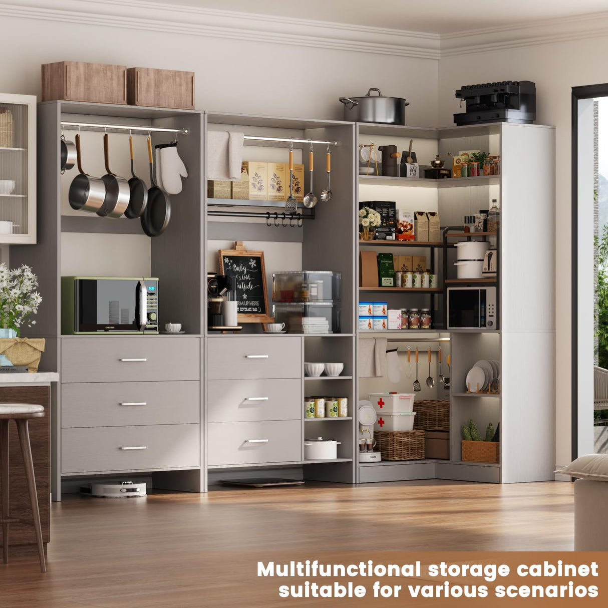 Aheaplus Closet System with 6 Drawers, 4 Hanging Rods & Corner Tower, Corner Closet System with Hanging, 86.8" L-Shaped Walk-In Wardrobe Organizer, 2000+ lbs Capacity, Set of 3, Grey Aheaplus